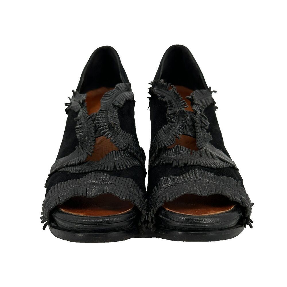 Chie Mihara Size 37 Black Suede Block Heels Fringe PeepToe 3.5in Boho Steampunk - Picture 4 of 11